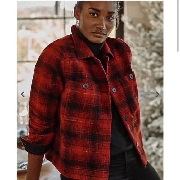 J. Jill Brushed Plaid Cropped Shacket Jacket‎ Large Scarlet Red Soft Cozy Fall - Picture 1 of 15